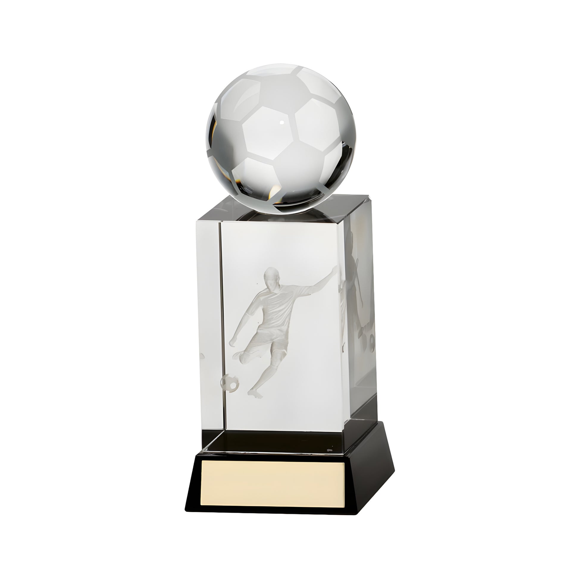 Crystal football award with engraved soccer player and ball design.