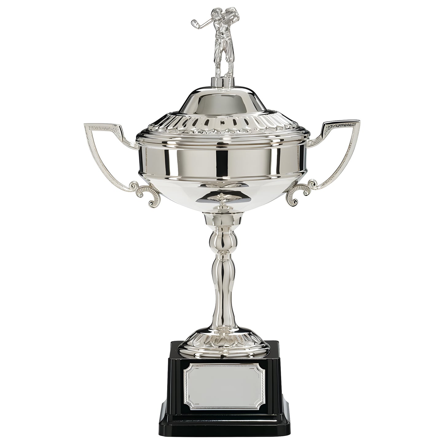 Silver trophy with golfer figure on top and handles, nickel-plated.