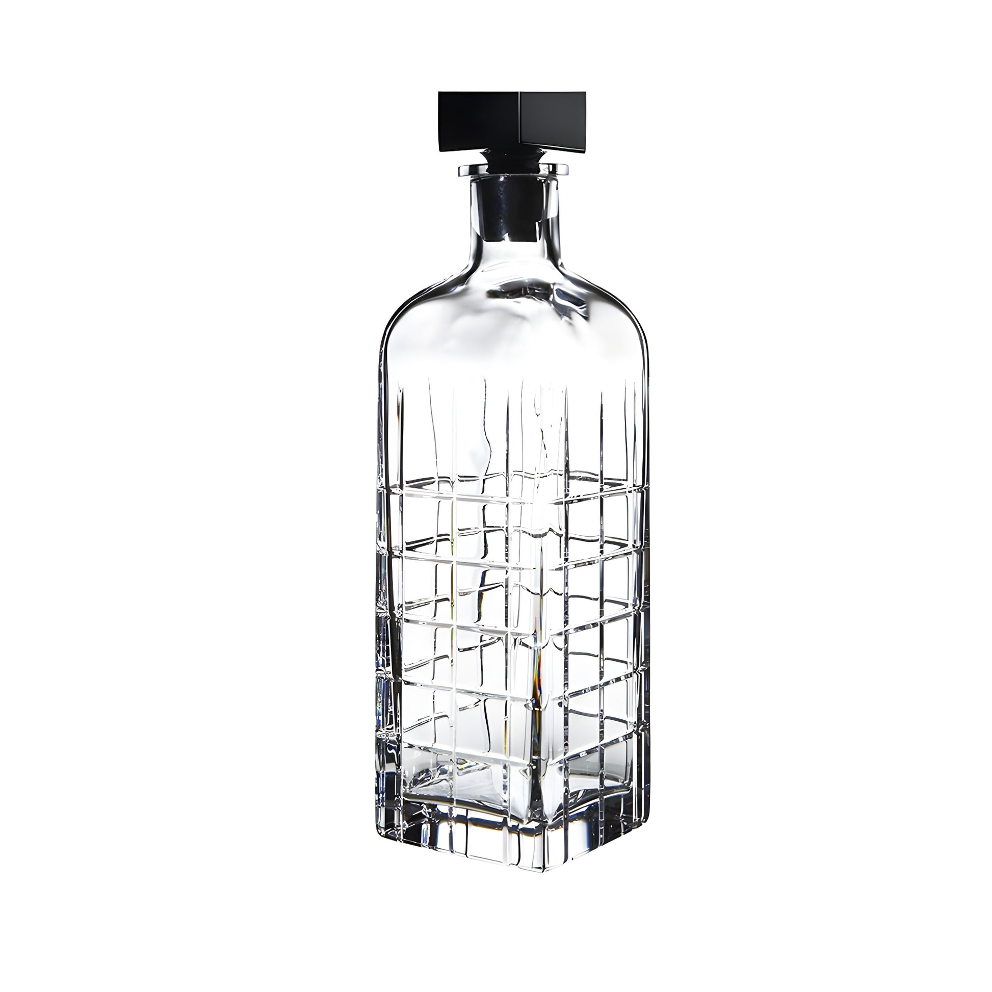 Square crystal whiskey decanter with black stopper.