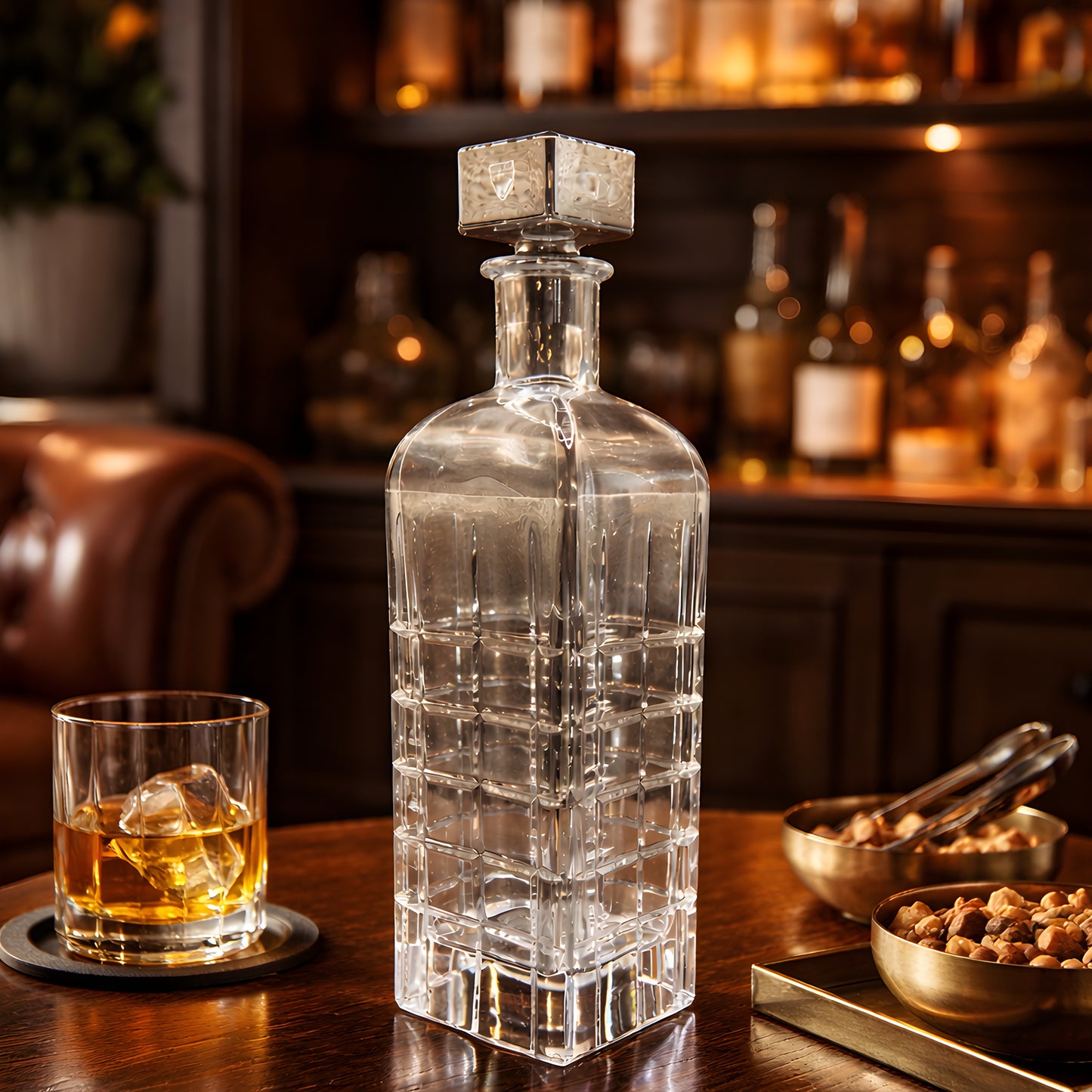 Luxury crystal decanter set with whiskey glass in an upscale bar setting.