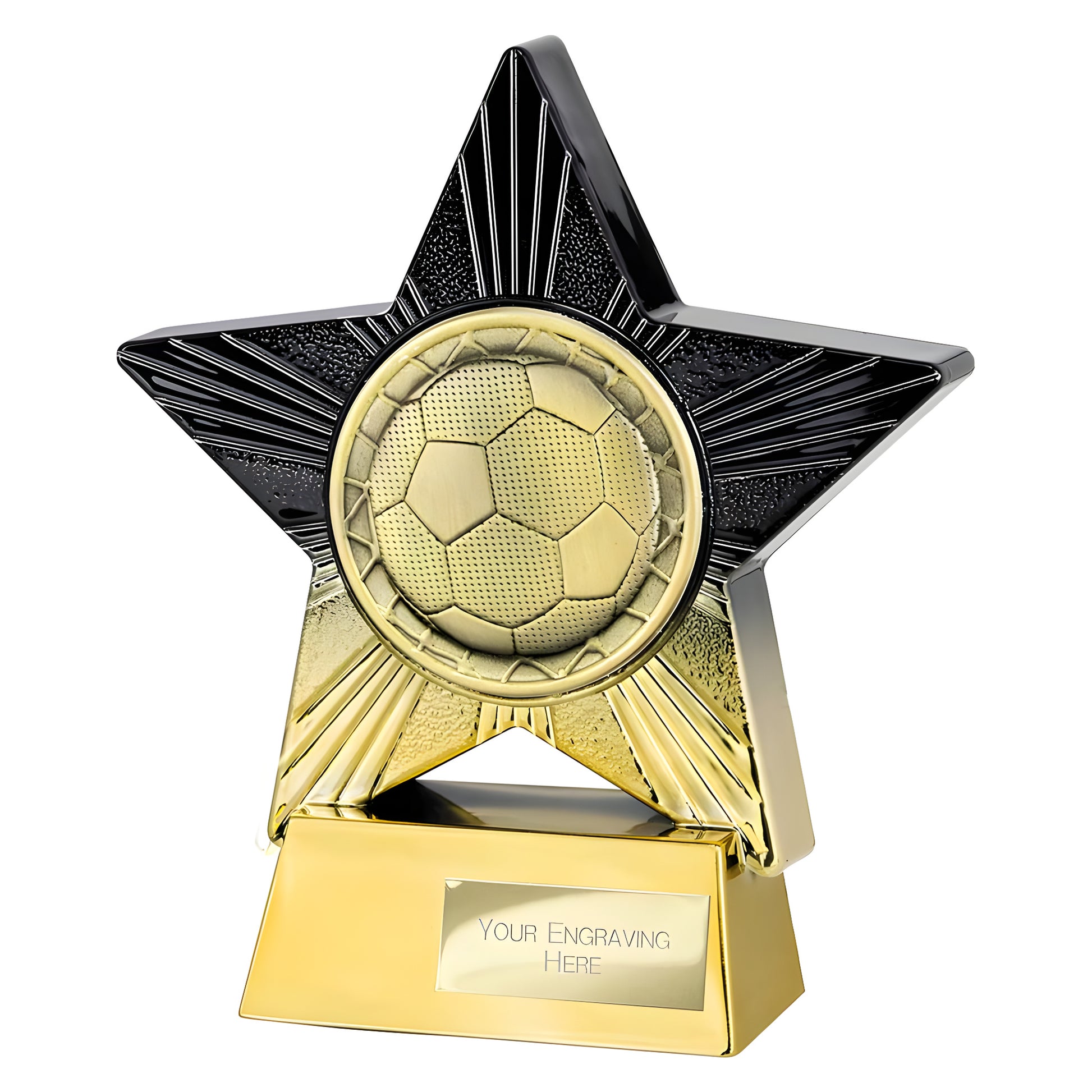 Black and gold star-shaped soccer award trophy with custom engraving area.