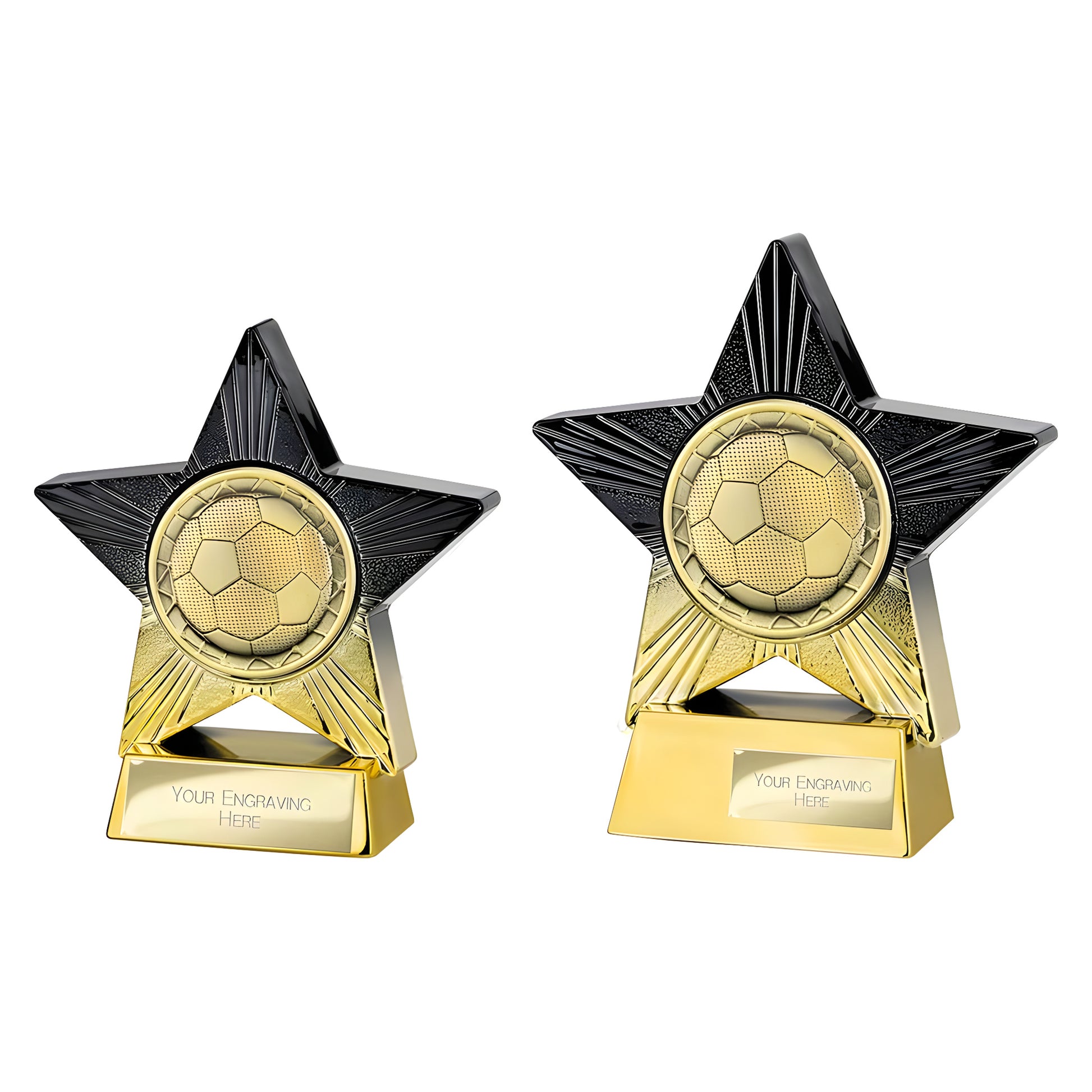 Black and gold star-shaped soccer trophy for football awards.