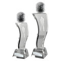 Crystal golf trophies with engraved golfer, topped with textured golf ball, customizable engraving.