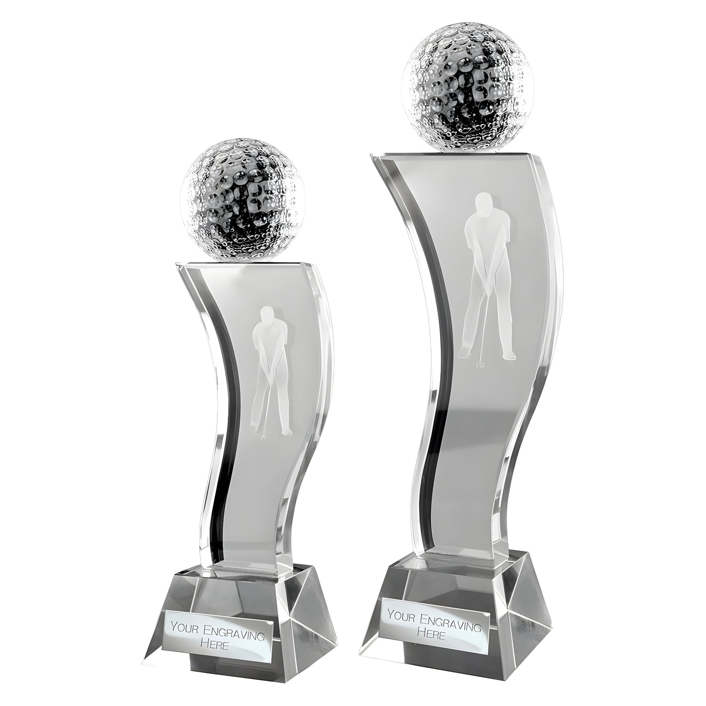 Crystal golf trophies with engraved golfer, topped with textured golf ball, customizable engraving.