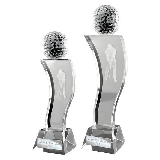 Crystal golf trophies with engraved golfer, topped with textured golf ball, customizable engraving.
