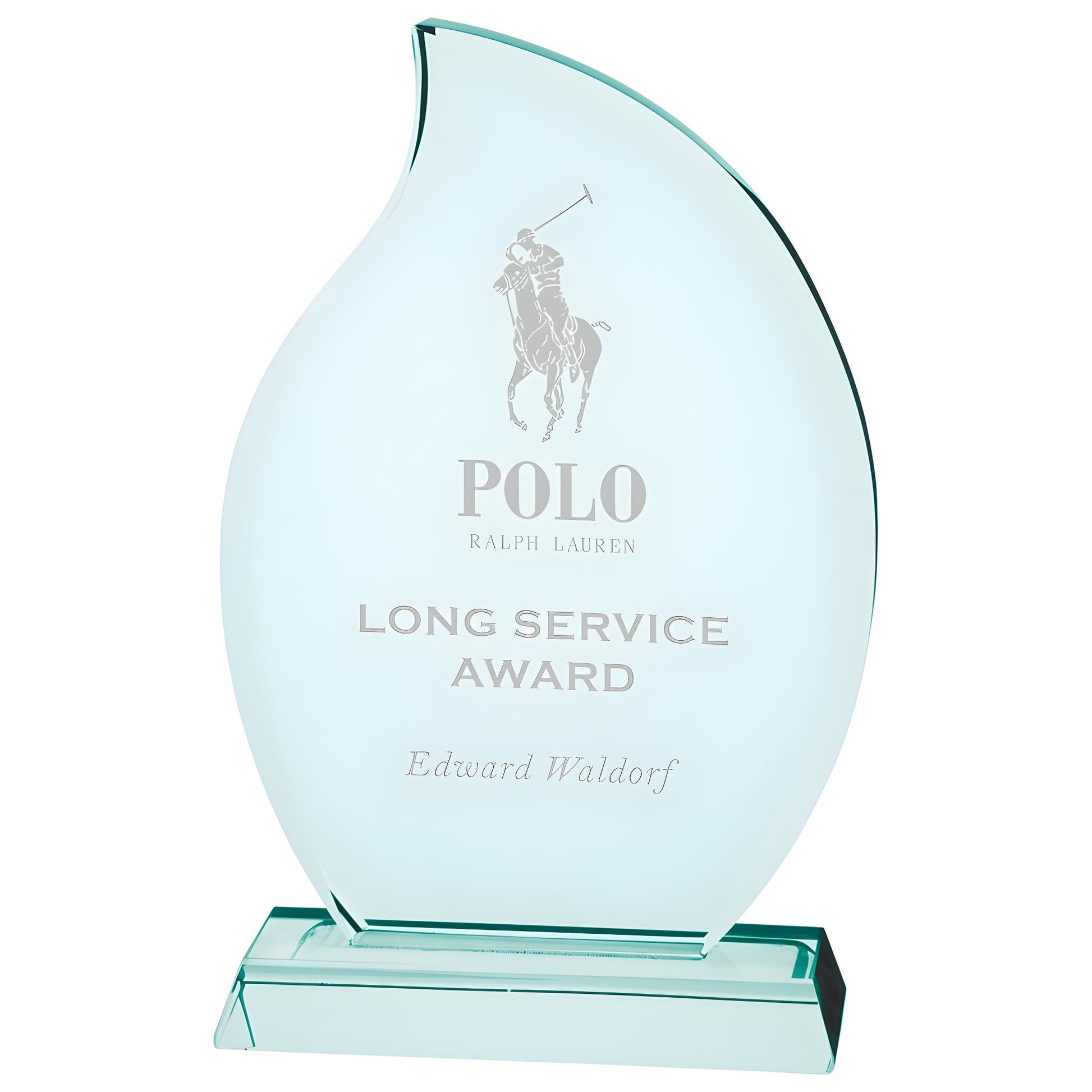 Custom engraved jade glass award for long service recognition.