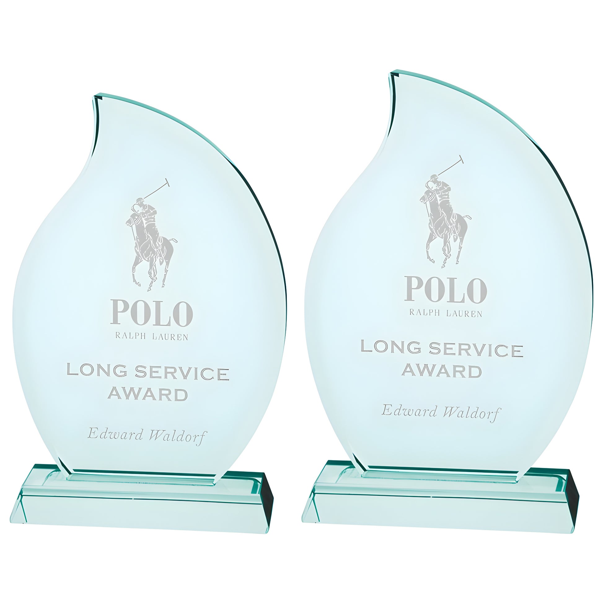 Two jade glass awards with Polo logo and long service award engraving.