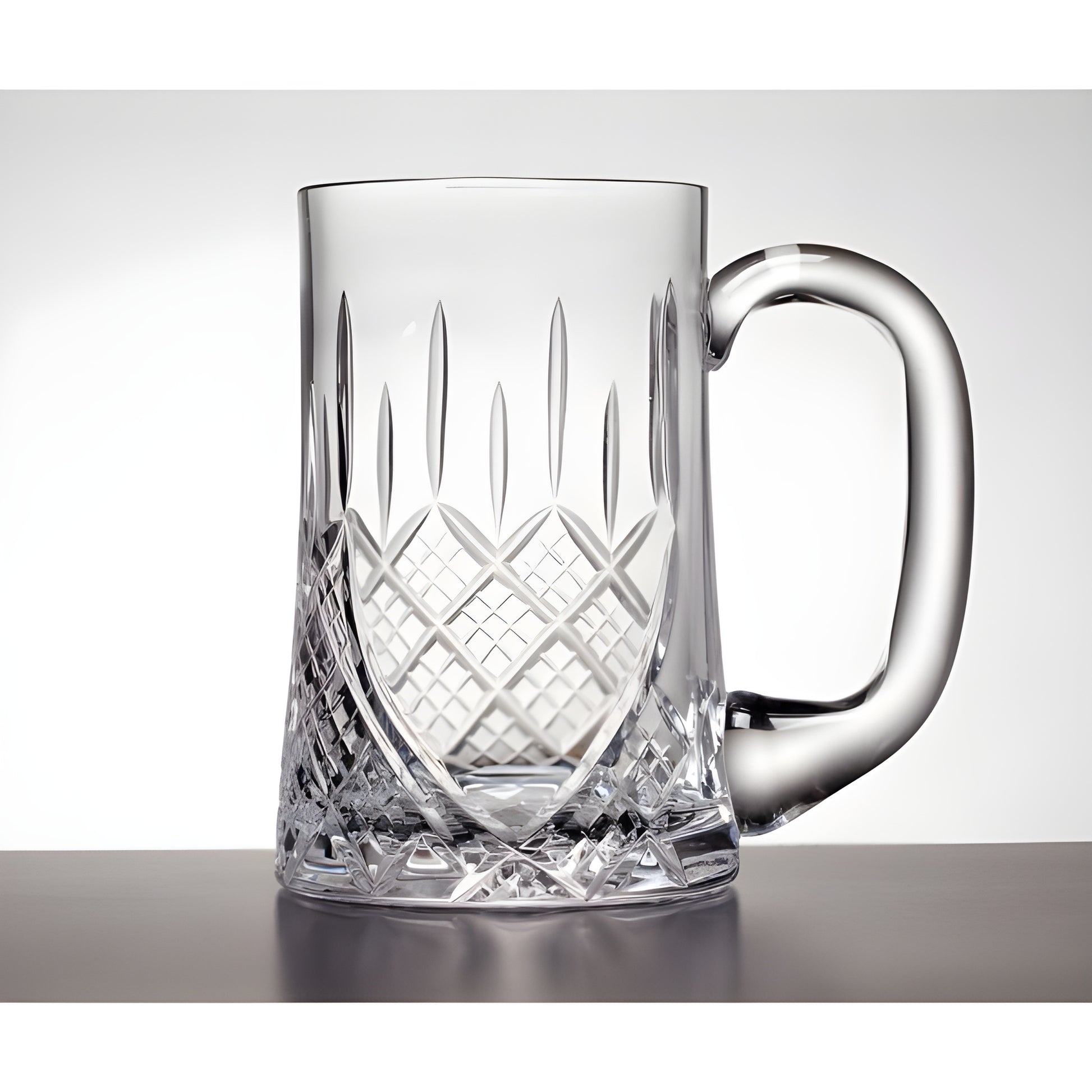 Crystal glass beer mug with intricate cut patterns on display.