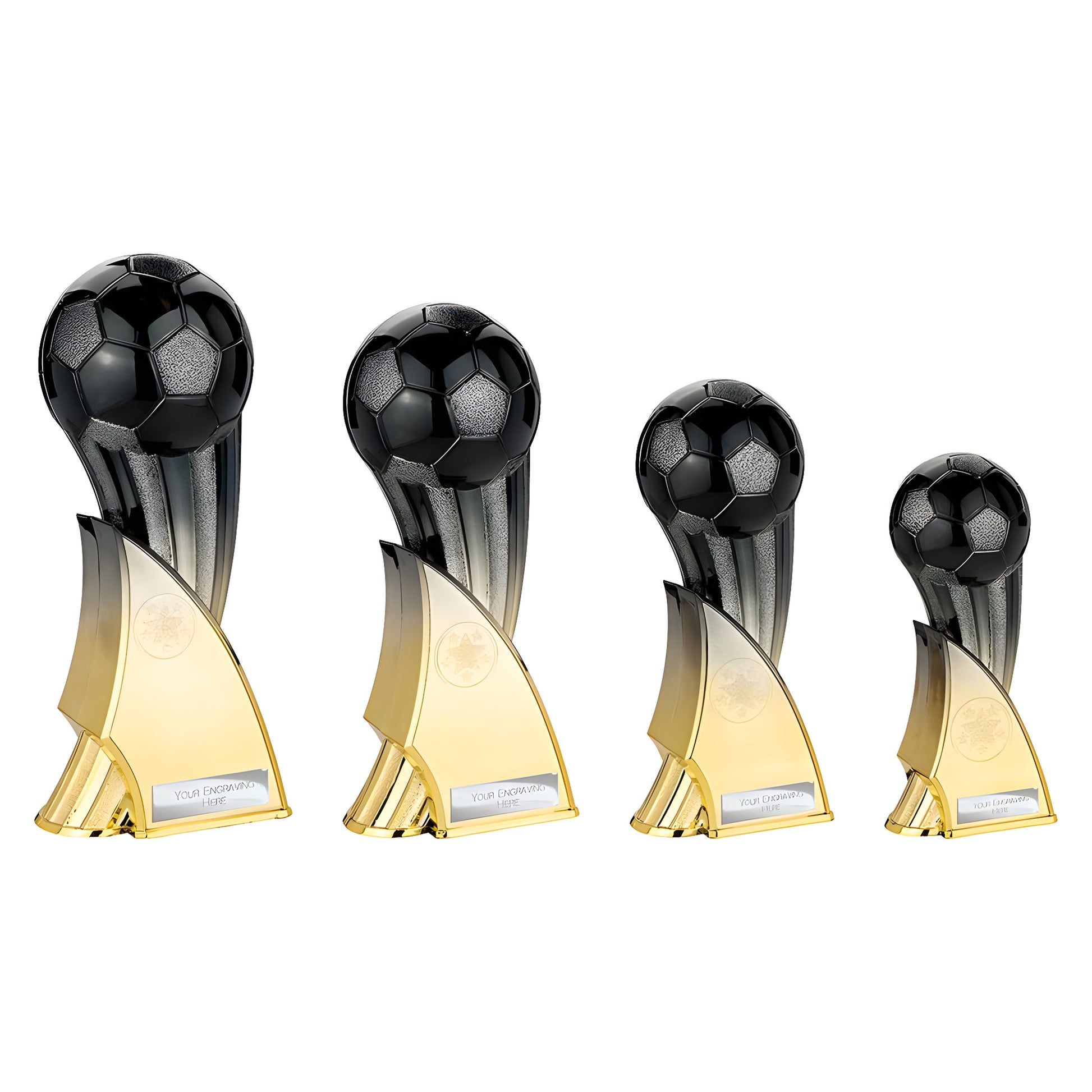 Set of four black and gold football trophies with customizable engraving plates.