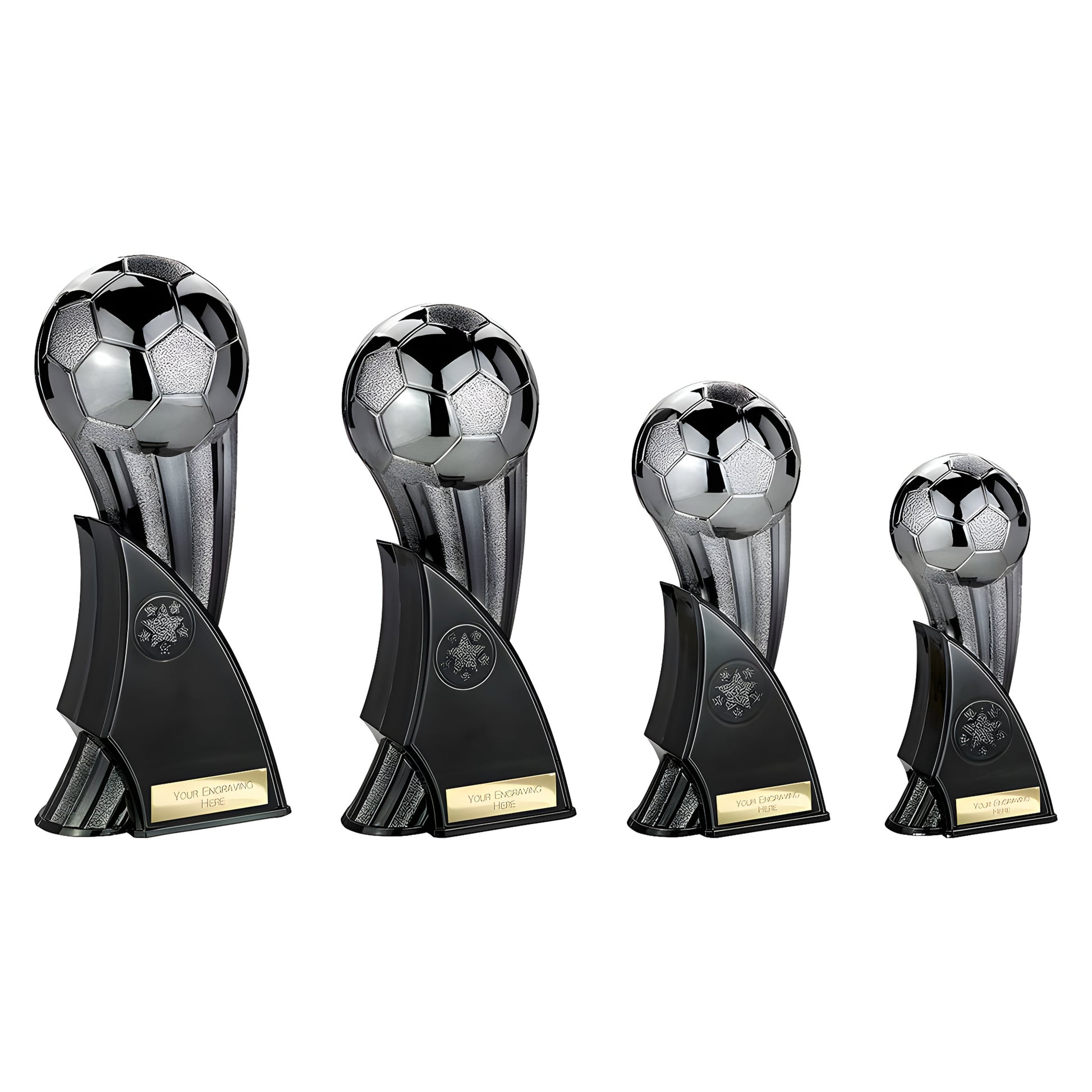 Gunmetal and black soccer trophies set for awards and engraving.