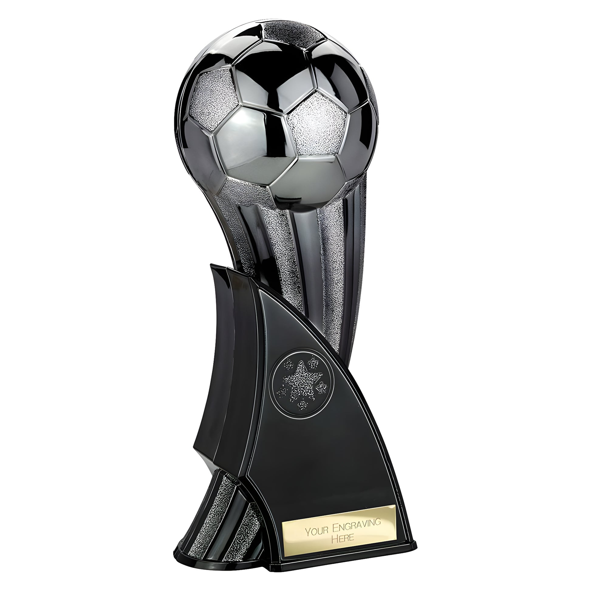 Gunmetal to black soccer trophy with customizable engraving plate.