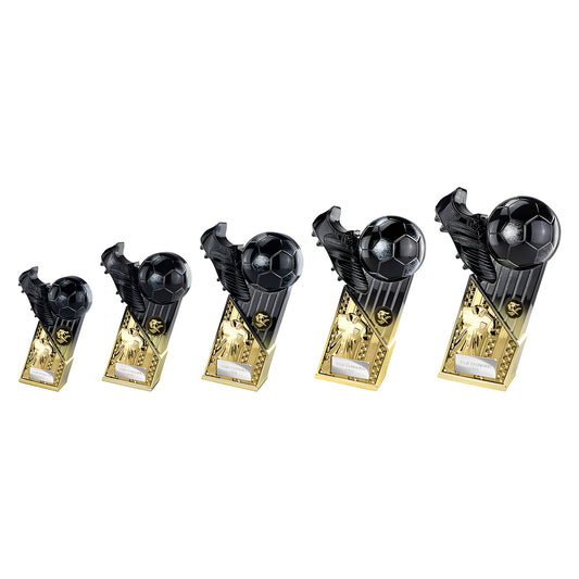 Set of black and gold soccer trophies with ball and cleat design.