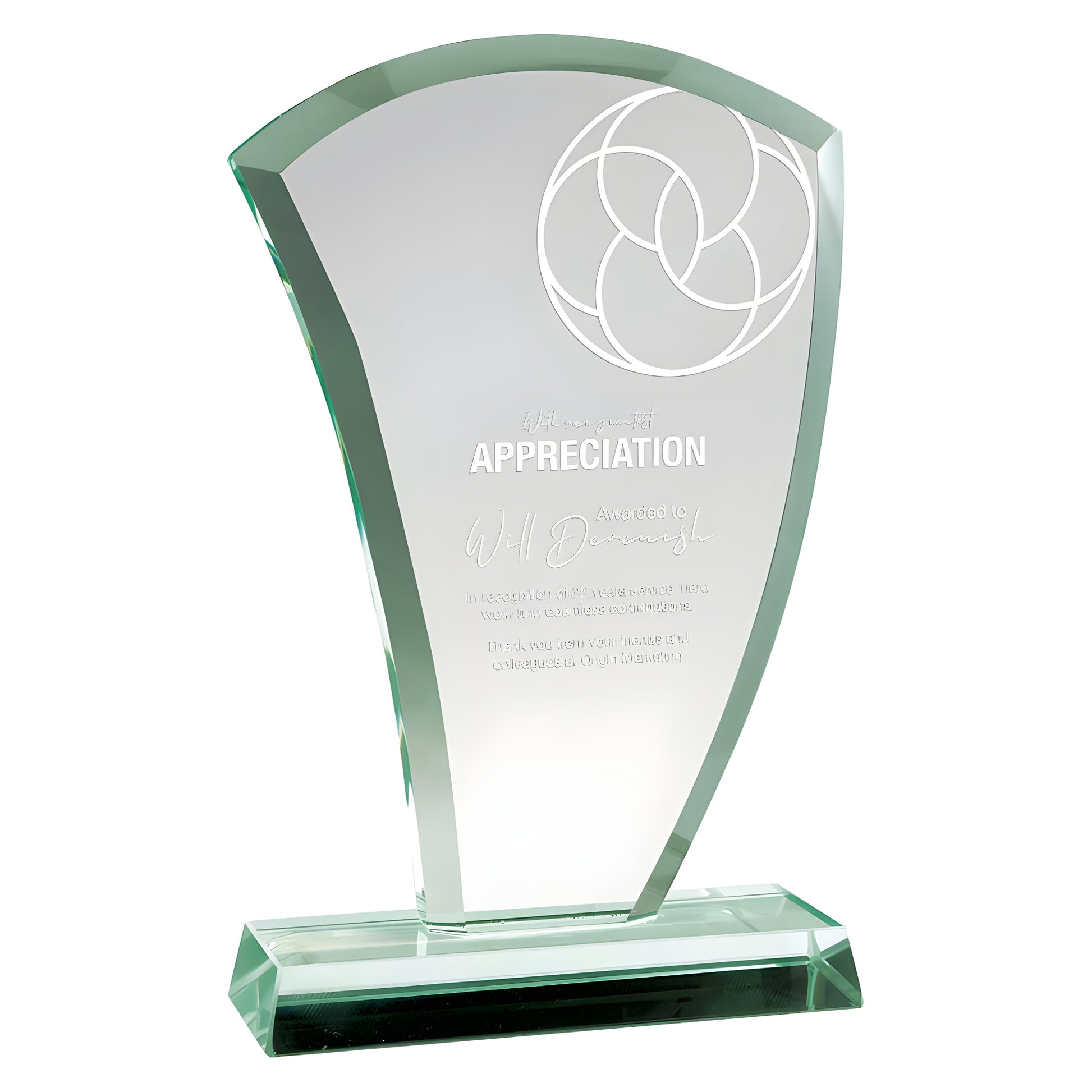 Jade glass award with appreciation engraving and abstract design.