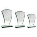 Three jade glass appreciation awards with engraved design on white background.
