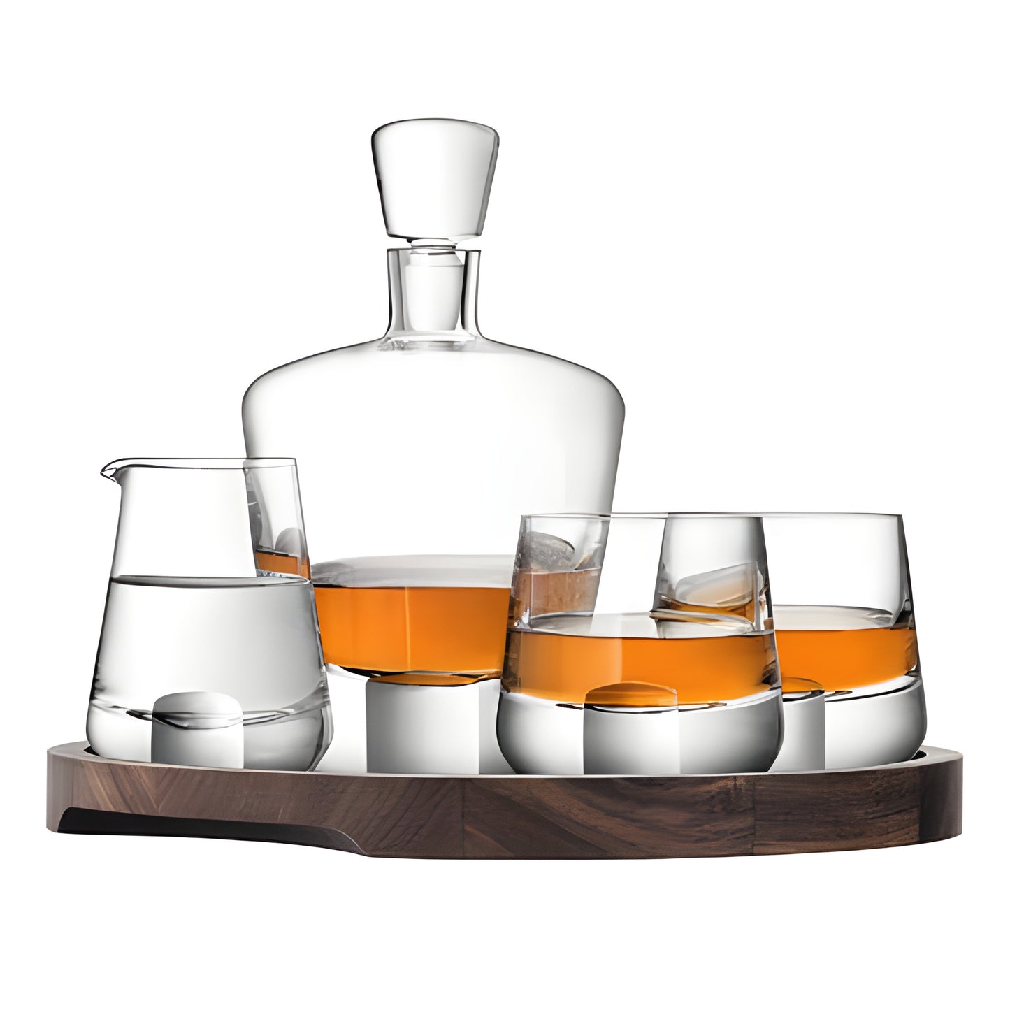 Whisky decanter and glasses on a wooden tray with a water pitcher.