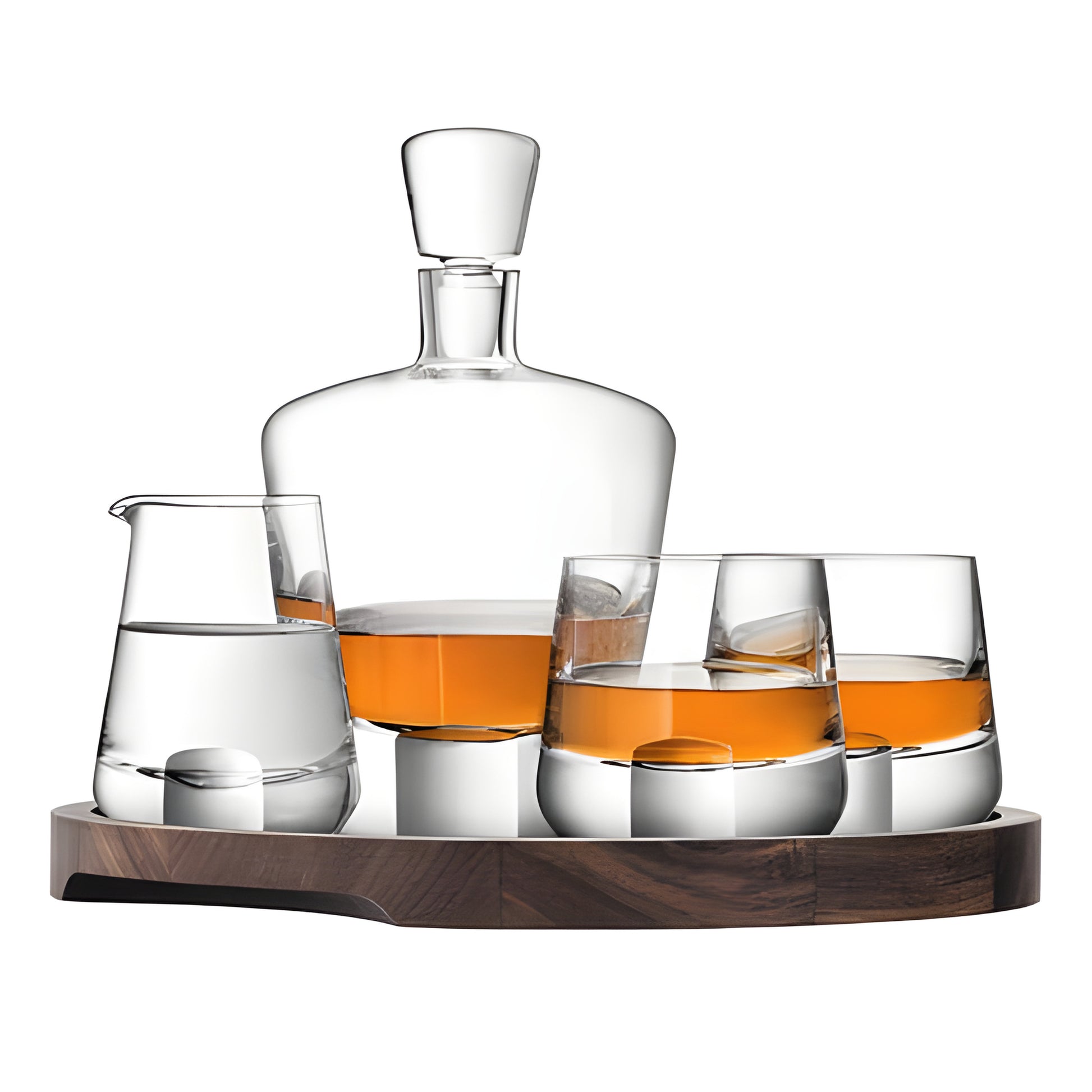 Whisky decanter and glasses on a wooden tray with a water pitcher.