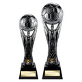 Gunmetal soccer trophies with engravable plaques in two sizes.
