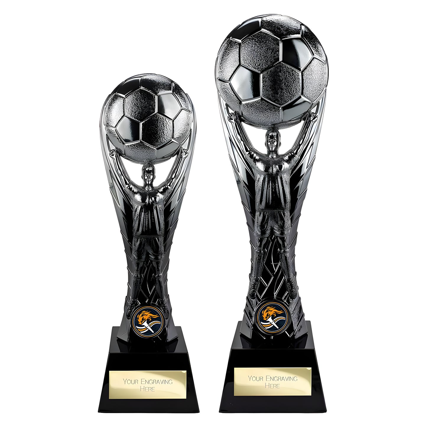 Gunmetal soccer trophies with engravable plaques in two sizes.