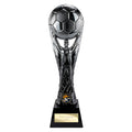 Gunmetal soccer trophy with figure holding ball, customizable engraving plate.