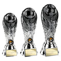 Three metallic soccer trophies with engraving plates and a football design.