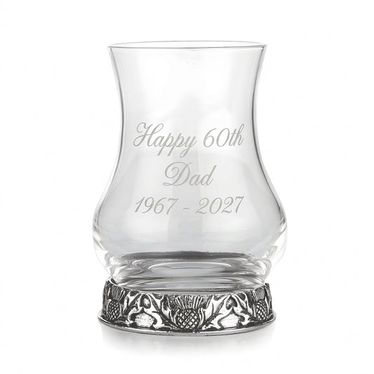 Example engraving (birthday): "Happy 60th / Dad / 1967 - 2027" on the Thistle Tasting Whisky Glass
