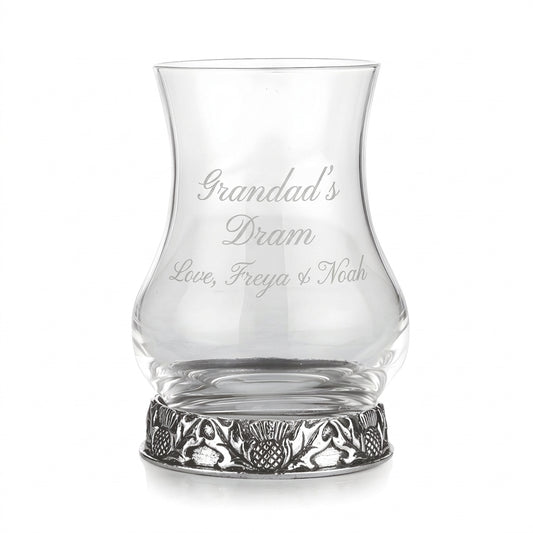 Example engraving (gift for dad): "Grandad's Dram / Love, Freya & Noah" on the Thistle Tasting Whisky Glass