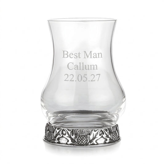 Example engraving (wedding party): "Best Man / Callum / 22.05.27" on the Thistle Tasting Whisky Glass