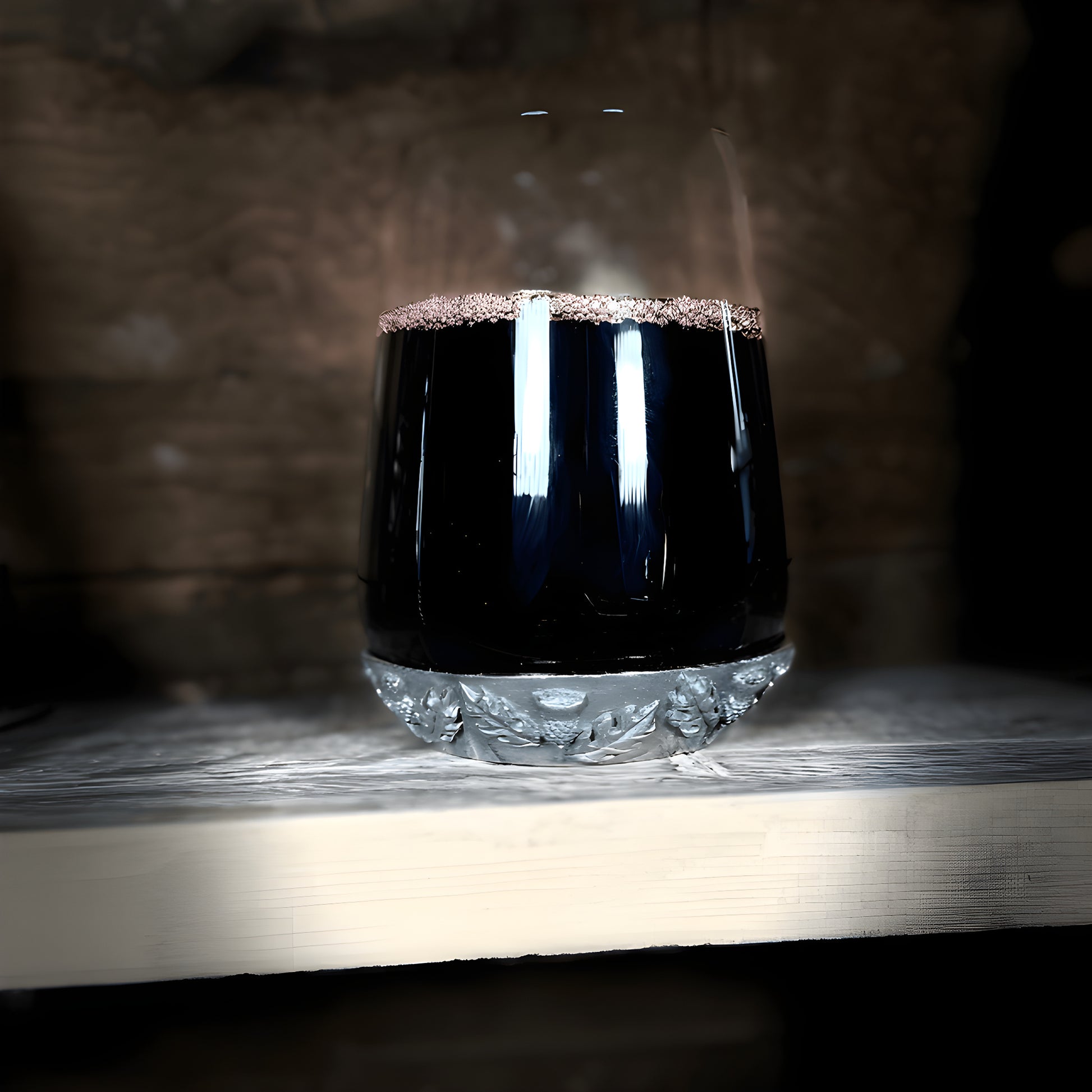 Thistle tumbler glass filled with burgundy wine on a wooden shelf.