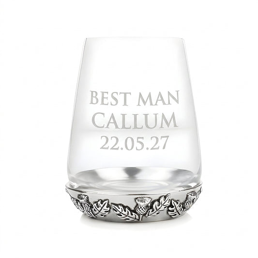 Example engraving (wedding party): "Best Man / Callum / 22.05.27" on the Thistle Tumbler Glass