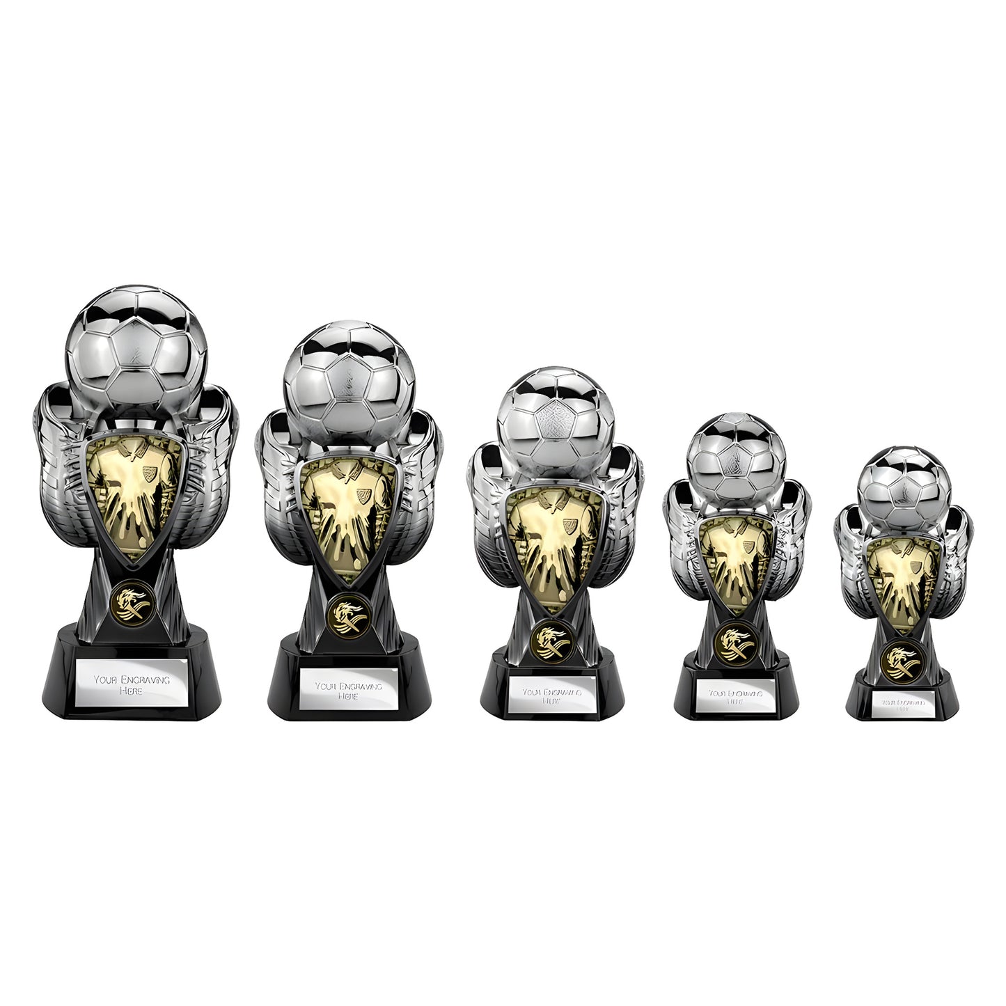 Set of five soccer trophies with silver soccer balls and gold accents on black bases.