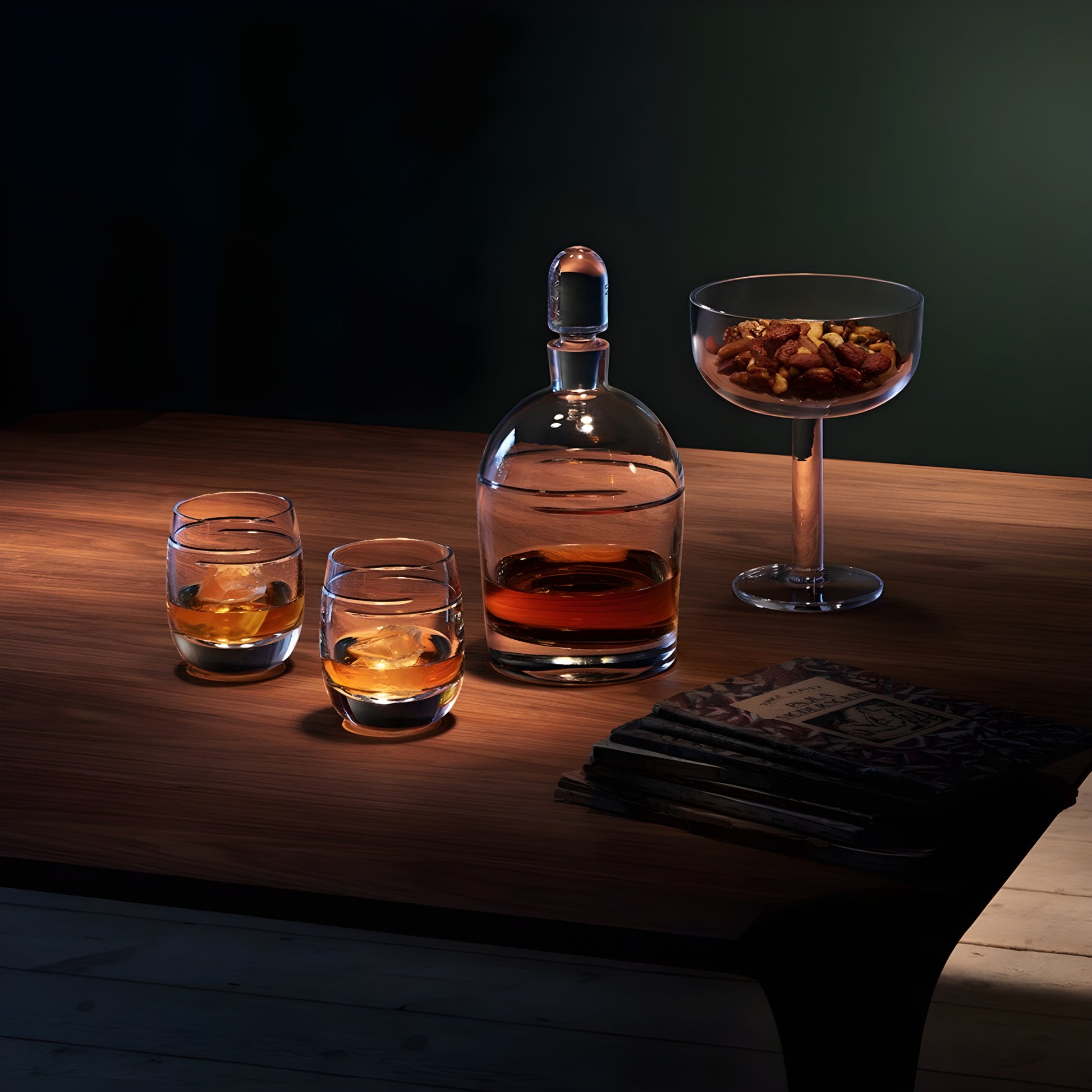 Elegant setup with whiskey decanter, glasses, and nuts on wooden table.
