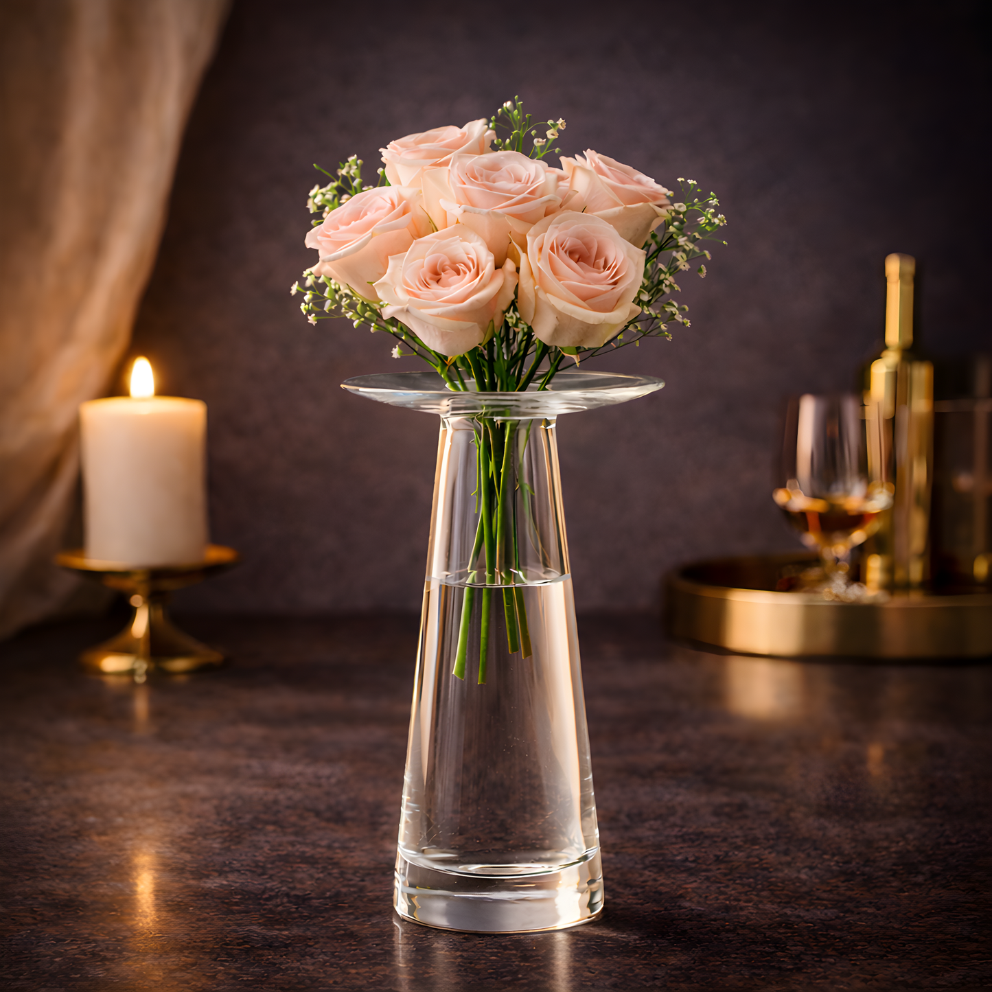 Elegant glass vase with pink roses in a candlelit setting