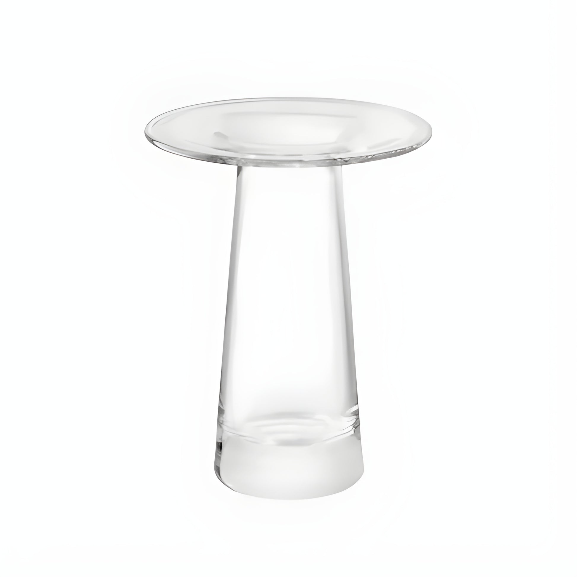 Elegant clear glass vase with contemporary design on white background.