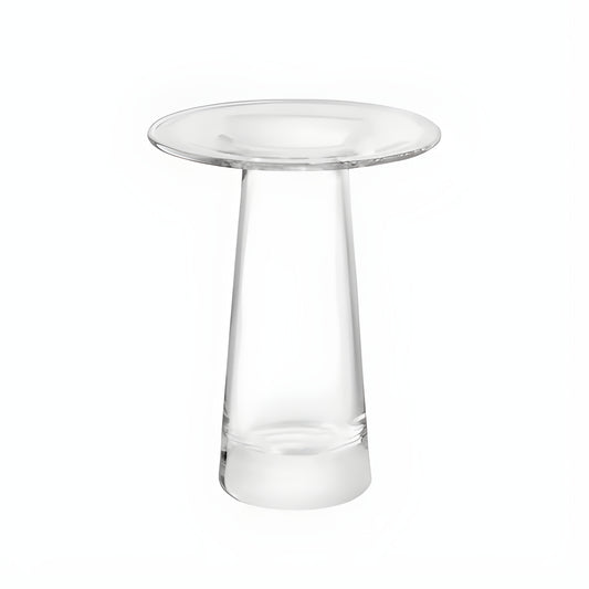 Elegant clear glass vase with contemporary design on white background.