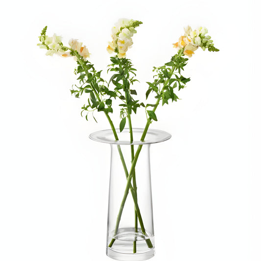 Clear glass vase with tall yellow snapdragons in bloom.
