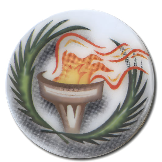 Olympic flame emblem with wreath design on a round badge