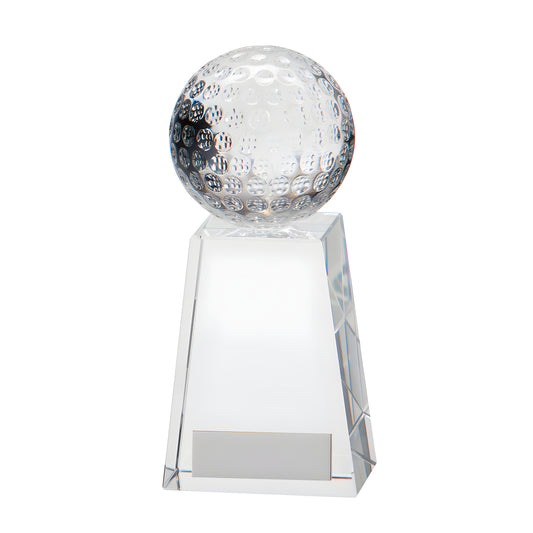 Clear crystal golf ball trophy with pyramid base.