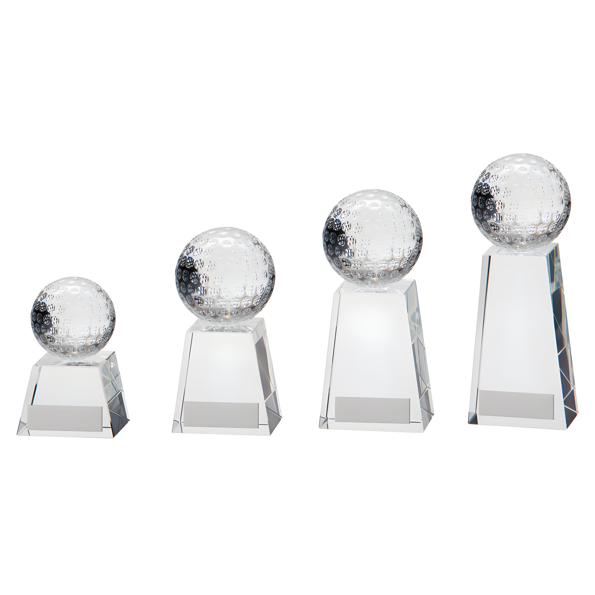 Four clear glass golf trophies in varying sizes with crystal golf balls on top.