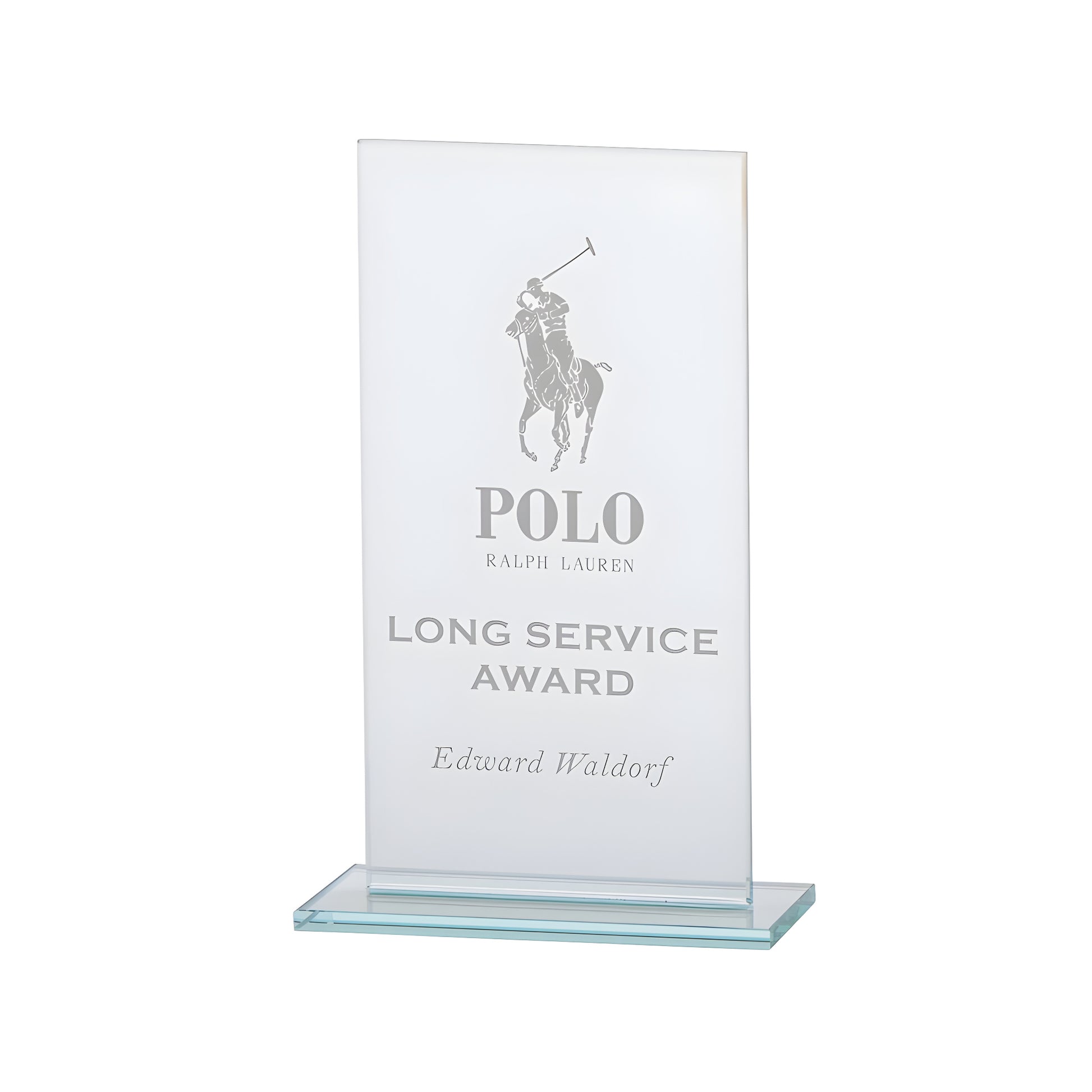 Engraved jade glass long service award plaque.
