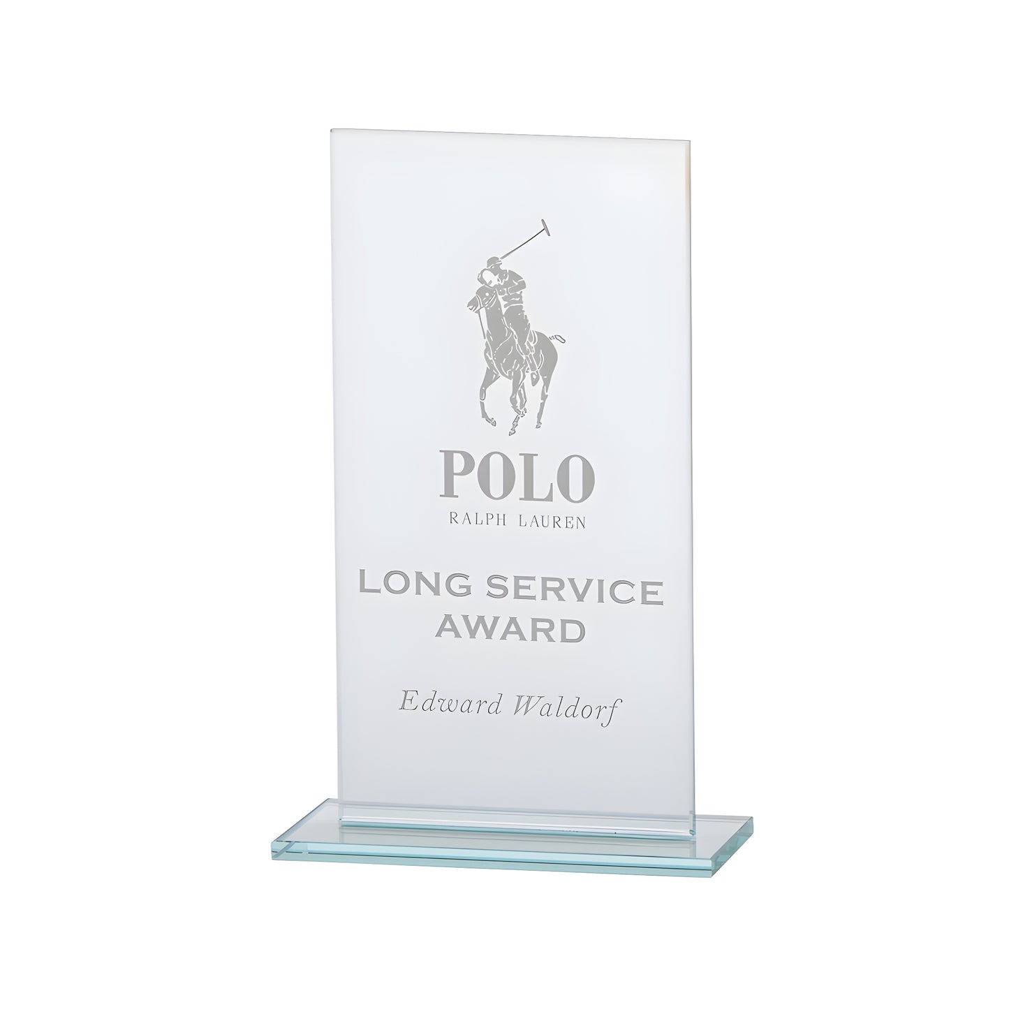 Engraved jade glass long service award plaque.