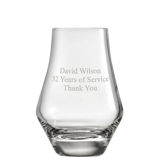 Example engraving (thank you): "David Wilson / 32 Years of Service / Thank You" on the Whisky Tasting Glass 185ml