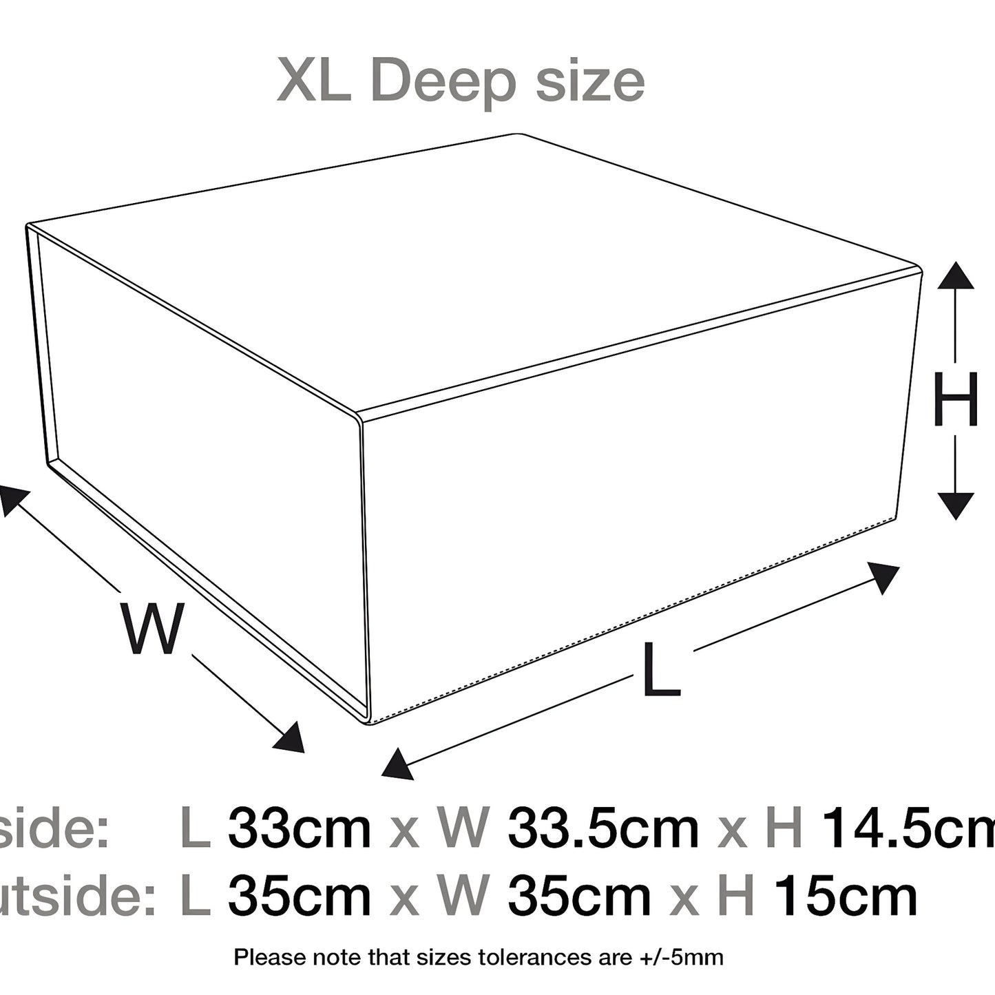 Diagram of XL deep white gift box with dimensions labeled.