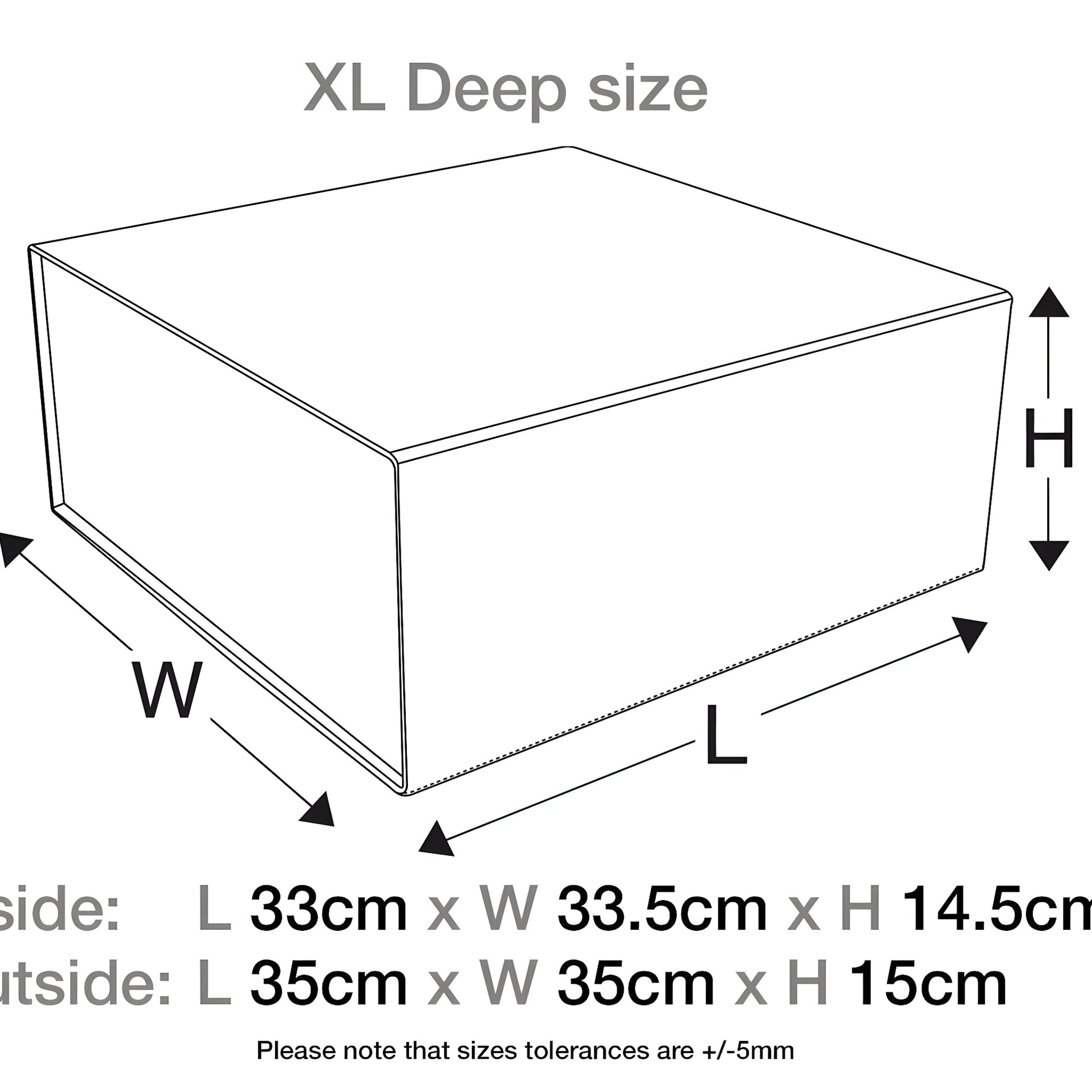 Diagram of XL deep white gift box with dimensions labeled.
