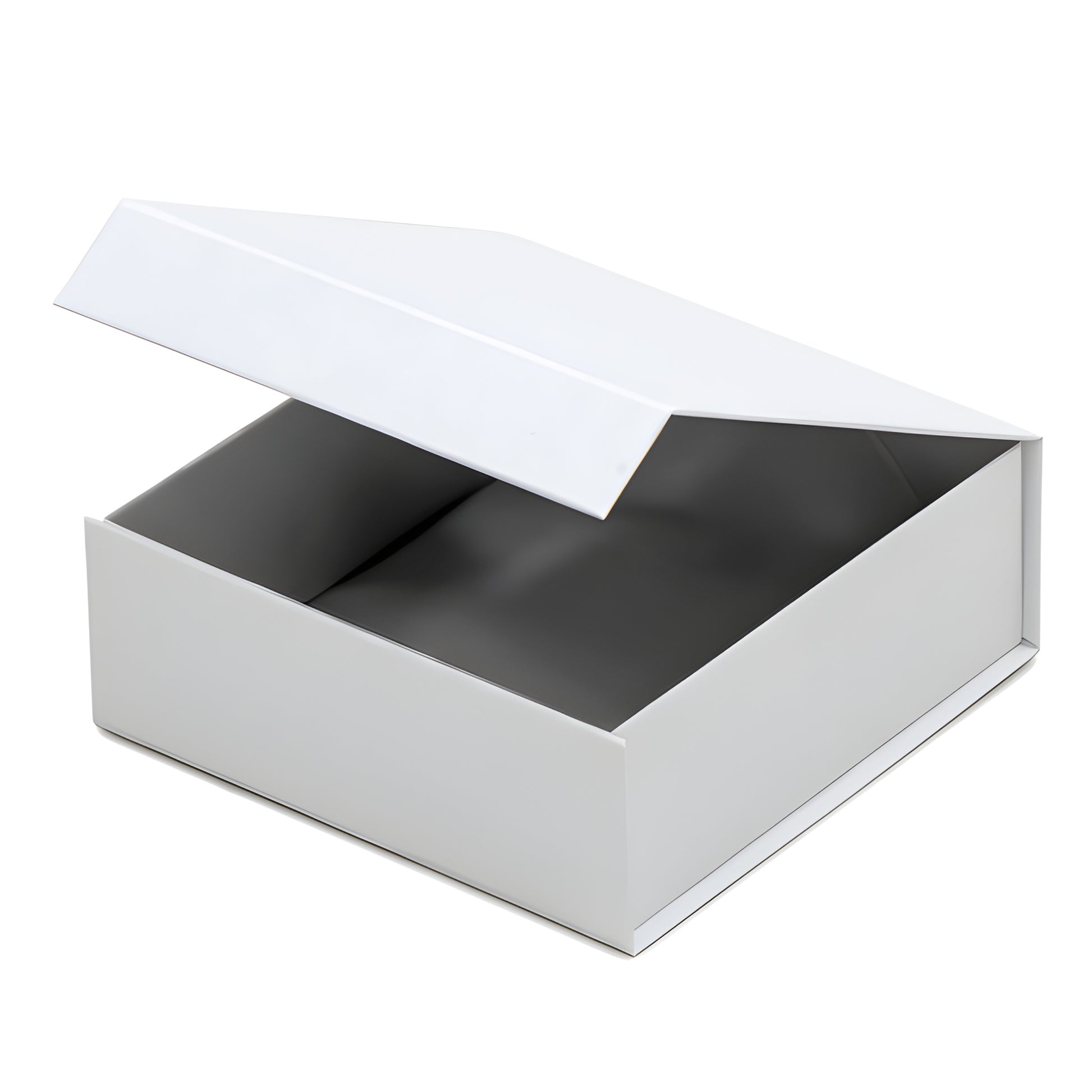 Open white box without ribbon for gifts or storage.