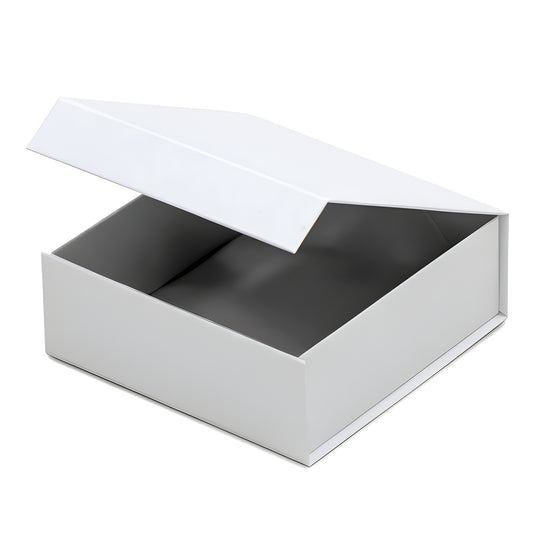 Open white box without ribbon for gifts or storage.