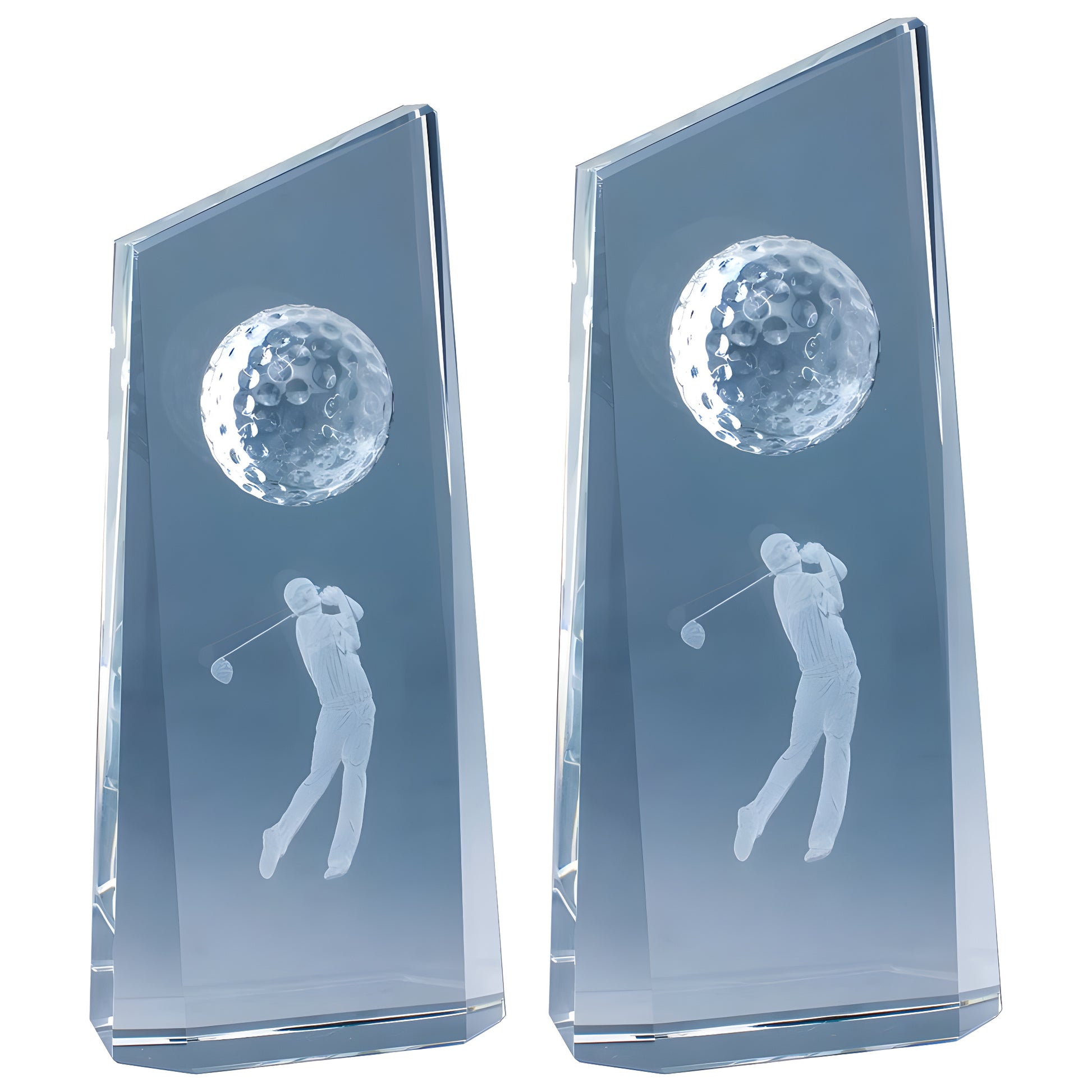 Crystal glass golf awards with engraved golfer and golf ball design.