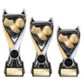 Three gold and silver soccer trophies with boot and ball design and engraving space.
