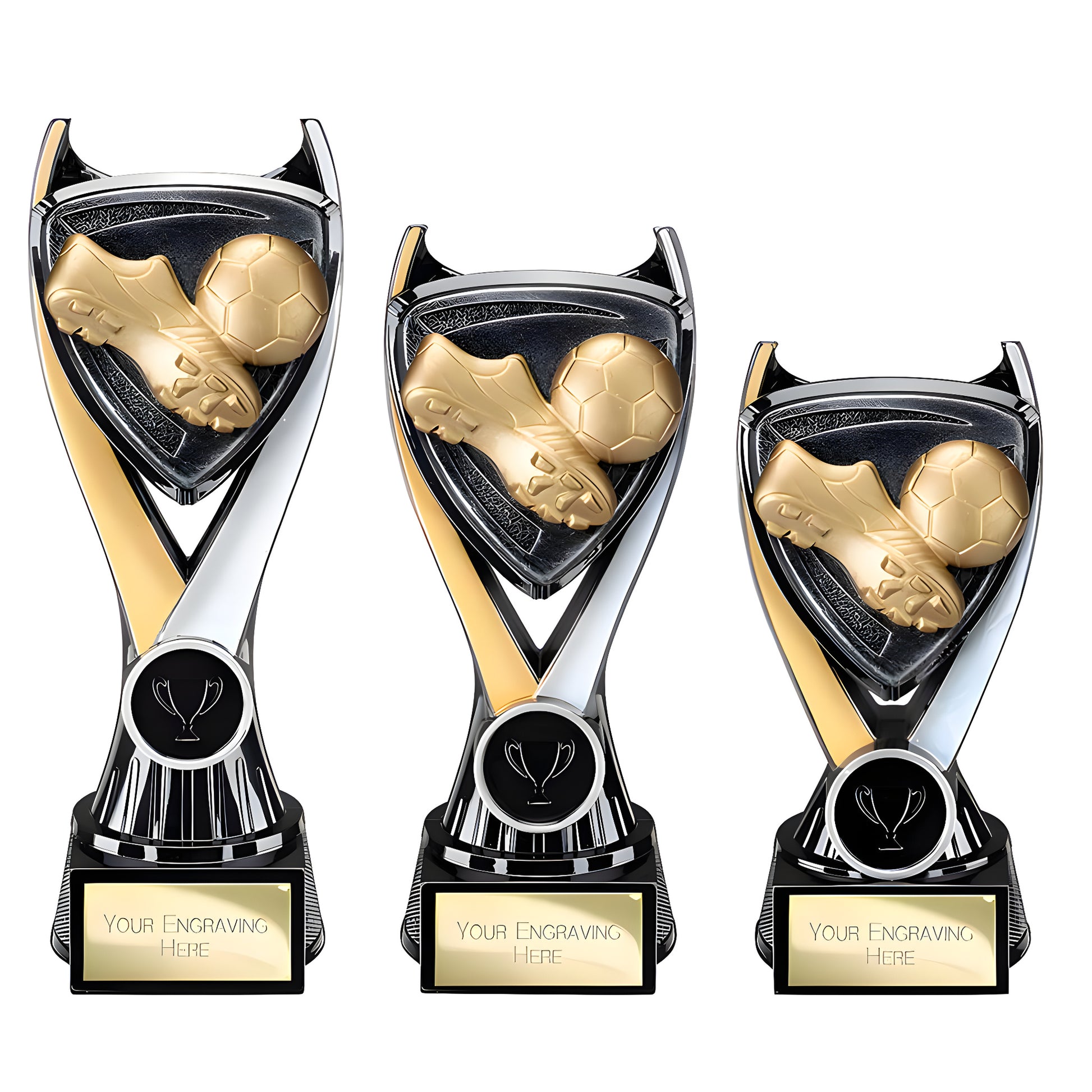 Three gold and silver soccer trophies with boot and ball design and engraving space.