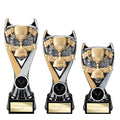Three gold and silver trophy awards available for engraving with customizable plaques.