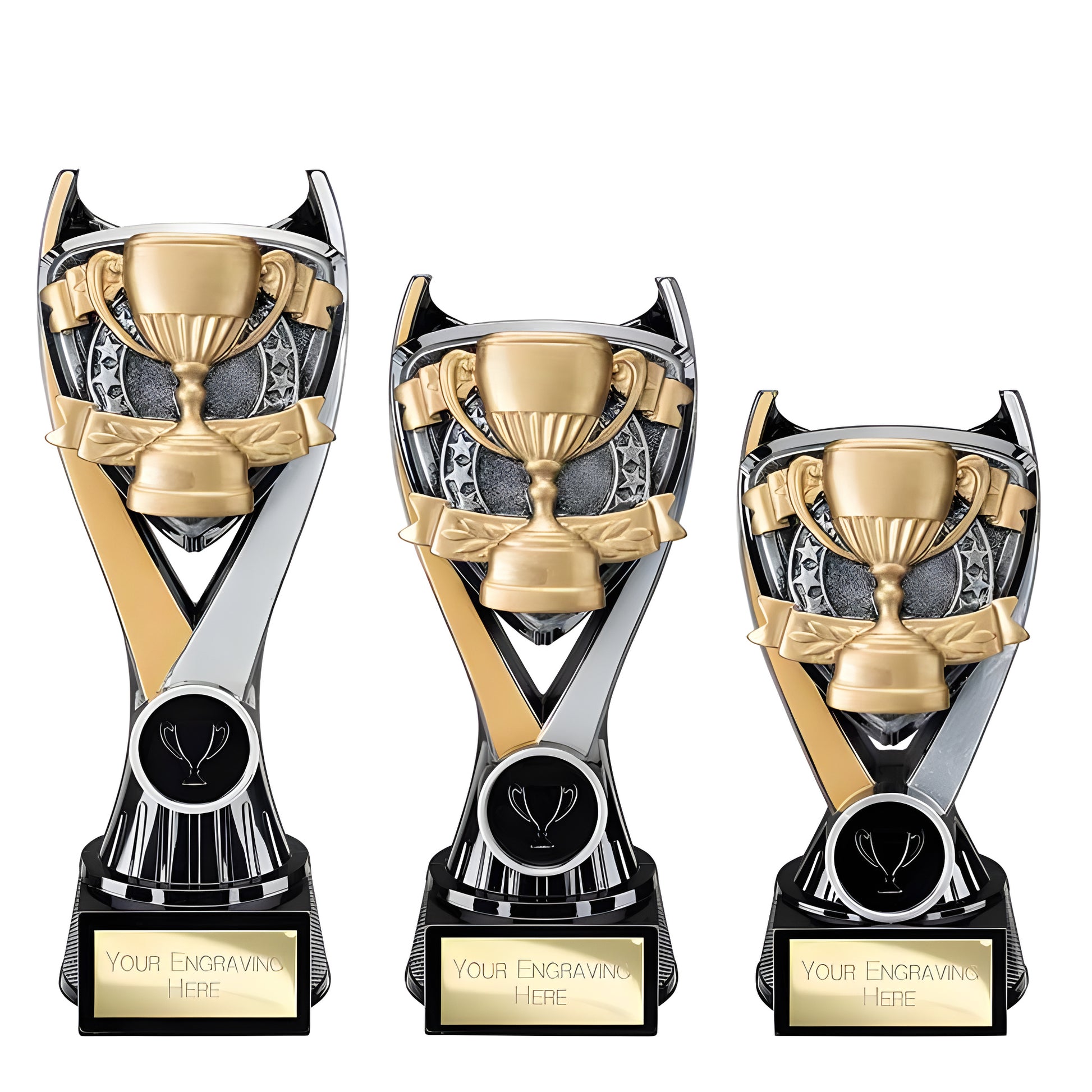 Three gold and silver trophy awards available for engraving with customizable plaques.